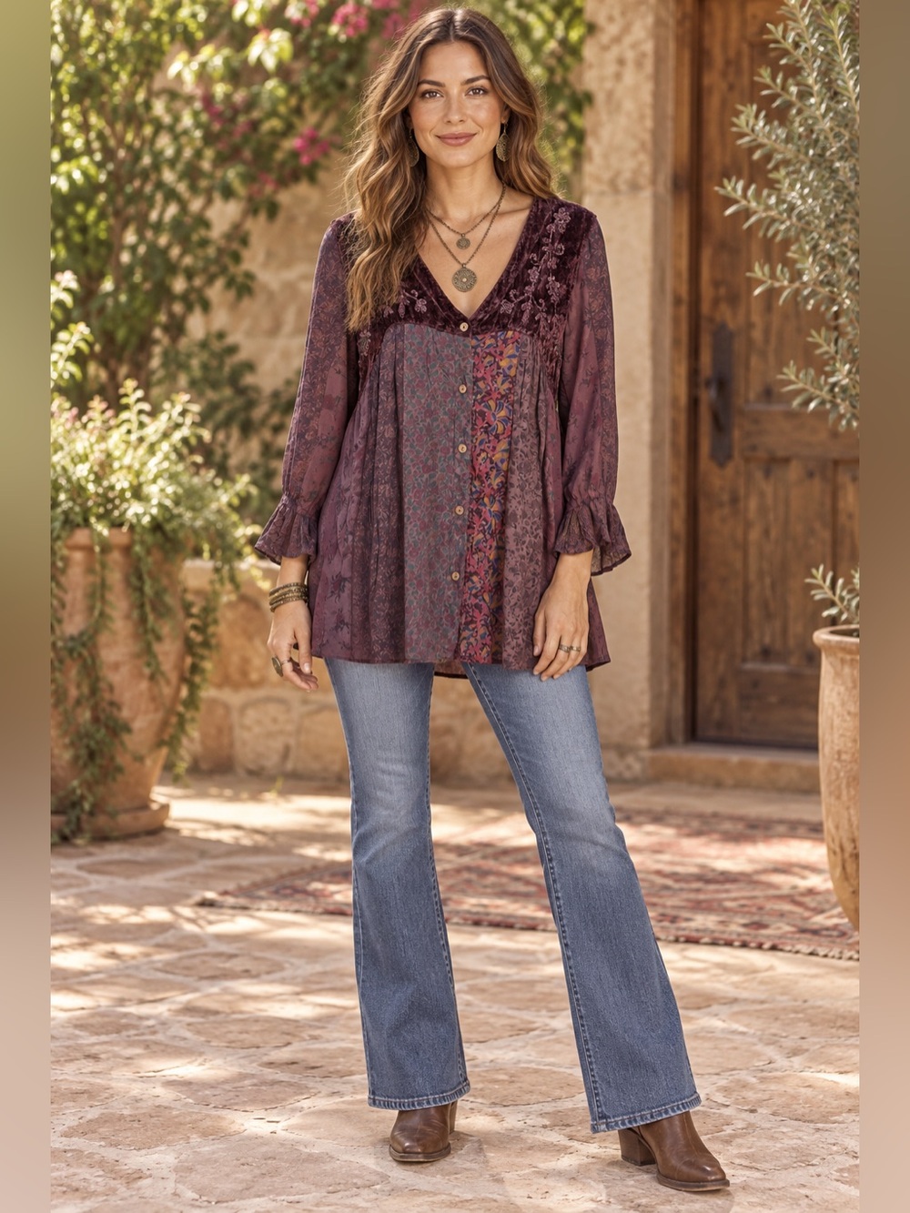 H108 NWT Young Threads S ptp19 M ptp 20 L ptp21 Burgundy Patchwork V-Neck Tunic
